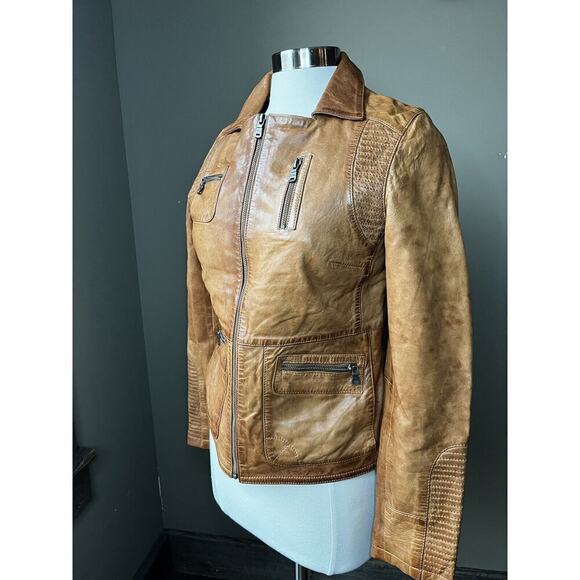 Gipsy Womens Full Zip Pocket Brown Leather Boho Biker Jacket READ BELOW - Picture 1 of 12